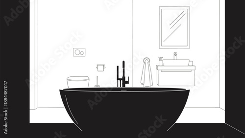 Modern Bathroom Interior with Freestanding Tub, Wall-Mounted Toilet, Vanity Sink, and Mirror – Black and White Vector for Design and Architecture Concepts