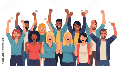 Diverse group of people celebrating with raised fists in unity and triumph with a sense of achievement and joy