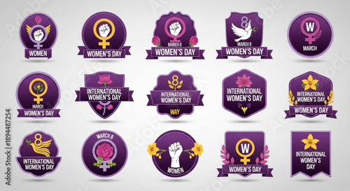 International women's day icons set purple and gold symbols for empowerment and celebration on gray background