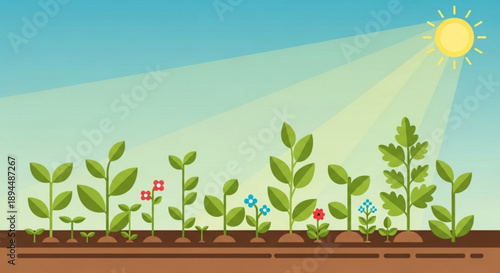 Green plants with leaves and flowers growing in soil under sunny blue sky with sunbeam