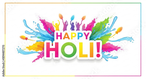 Vibrant holi celebration background with colorful paint splashes and happy holi text in rainbow colors on white