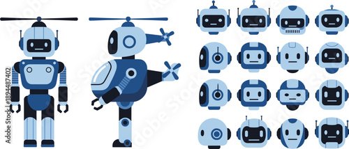Set of cute blue robot character vector illustrations featuring full body designs and multiple head avatar portraits isolated on white background for technology and artificial intelligence projects