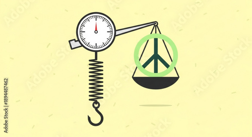 Spring scale weighing peace symbol on a simple yellow background with minimalist design and green accent