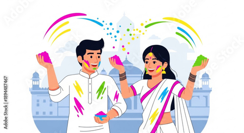 Indian couple celebrating Holi festival with colorful powders traditional attire and festive background vector illustration for cultural events and greetings