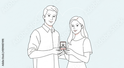 Couple receiving engagement ring proposal romantic gesture illustration for wedding and love concepts clean line art design on light blue background