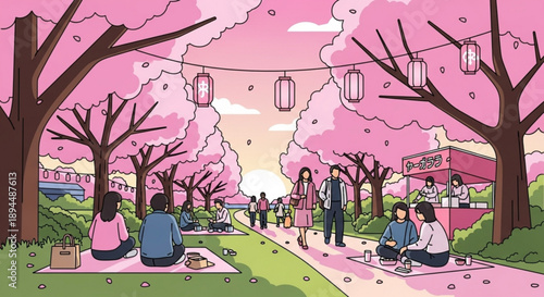 People enjoying picnic under blooming cherry blossom trees in park with lanterns