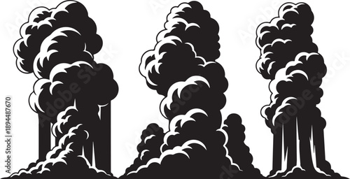 Industrial Pollution with Three Smoking Factory Chimneys Emitting Black