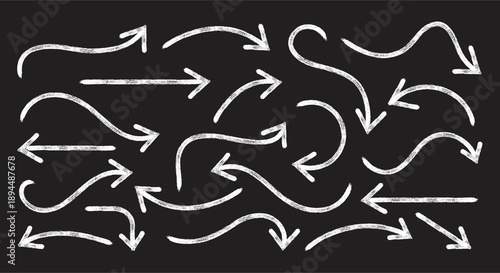 Arrow sketch with texture crayon chalk.  Doodle crayon pencil direction element on blackboard background. Vector illustration. 