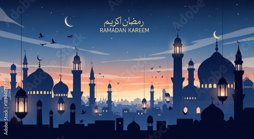 Ramadan kareem mosque silhouette at sunset with lanterns and crescent moon in the sky