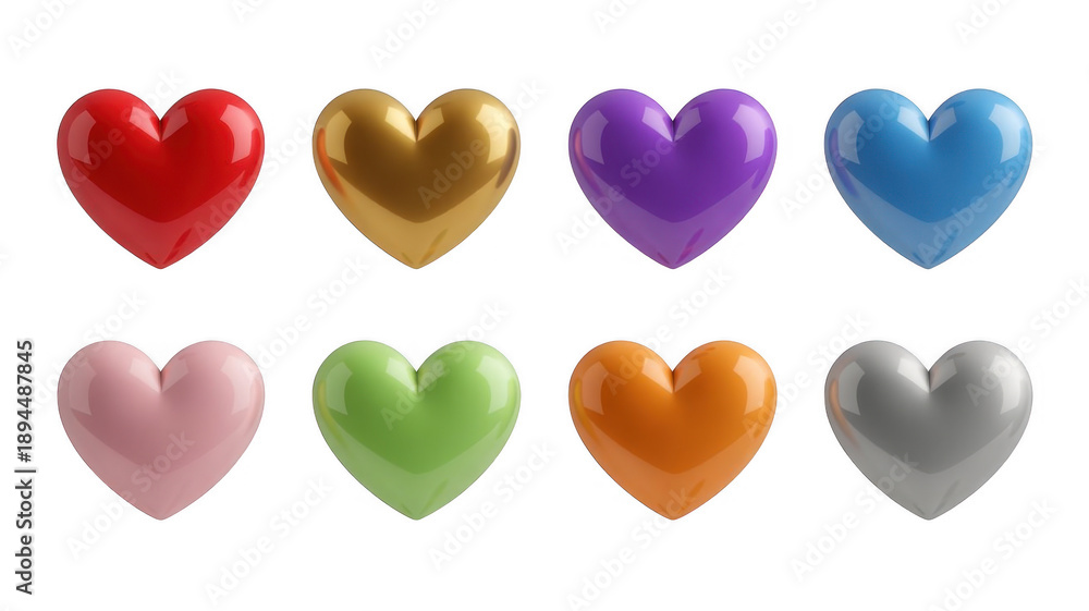 Fototapeta premium Colorful shiny hearts isolated on a transparent background