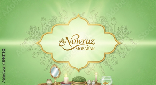 Nowruz celebration design with traditional elements and green background for cultural greeting card or banner