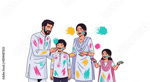 Family celebrating holi festival with colorful powder happy indian family playing with holi colors together