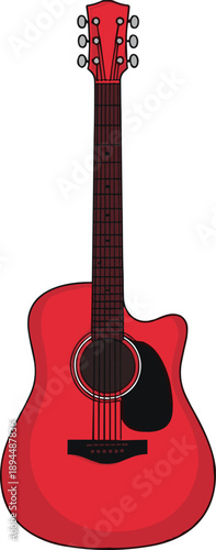 Red acoustic guitar vector with cutaway body, black pickguard, and sound hole — stylized musical instrument illustration for music, performance, and creative design themes.