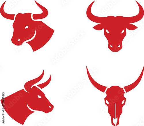 Red bull head mascot and skull logo set for sports team gym fitness western branding powerful animal vector,