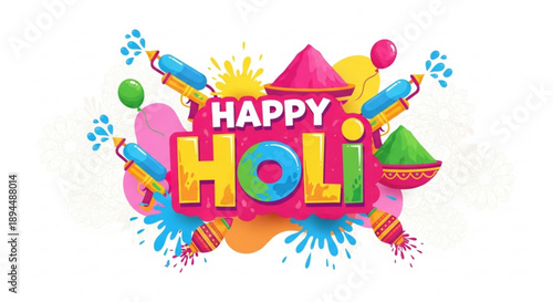 Vibrant holi celebration background with colorful text and paint splatters on white