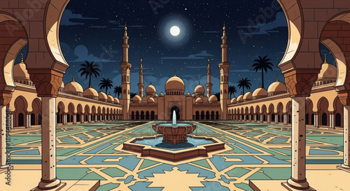 Serene mosque courtyard at night with fountain and intricate tile patterns under moonlight