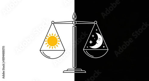 Balance between day and night sun and moon on a scale symbolizing harmony and contrast