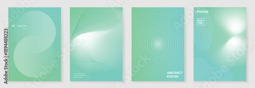 Abstract gradient poster vector background set with teal mint cyan colors, light rays and halftone dots. Modern minimal design for covers, brochures, social media.