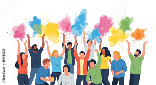 Diverse group of young people celebrating together throwing colorful powder in the air with joyful expressions