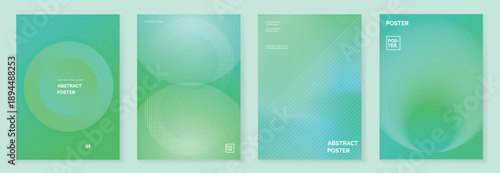 Abstract gradient poster vector background set with teal mint cyan colors, light rays and halftone dots. Modern minimal design for covers, brochures, social media.