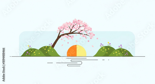 Cherry blossom tree with pink flowers on green hills at sunset with orange and yellow sky