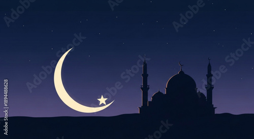 Silhouette of a mosque under a crescent moon and star at night ramadan background