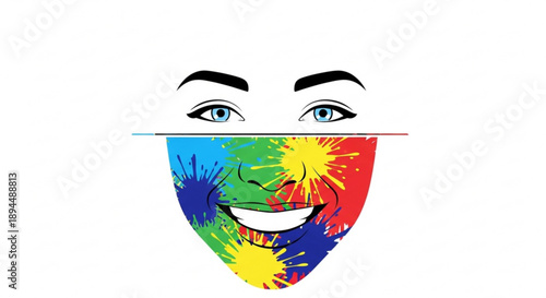 Vibrant smiling face with painted cheeks and eyes expressive emotions colorful graphic illustration
