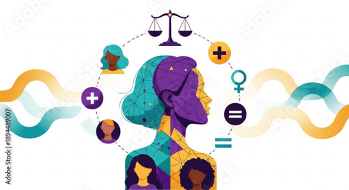 Diverse group of people with equality and justice symbols surrounding their heads in a colorful illustration