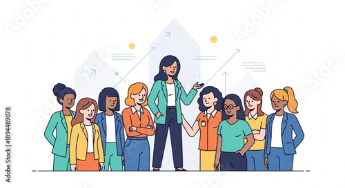 Diverse group of women in business attire standing together with one woman presenting teamwork and collaboration concept