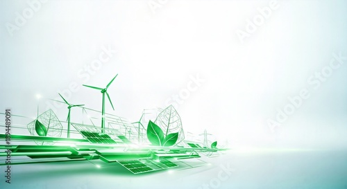 Abstract digital illustration of green energy concepts with wind turbines, solar panels, and glowing leaves on a light background, symbolizing sustainability and eco-friendly technology.