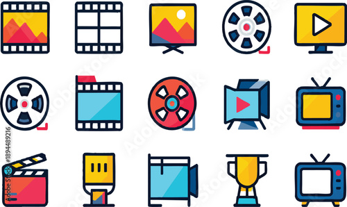 Colorful Cinema and Movie Production Vector Icon Set