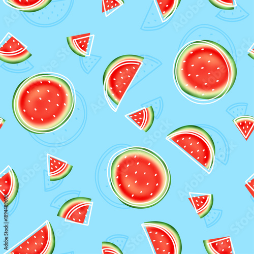 Seamless watermelon pattern. Vector summer background with watercolor style watermelon slices.