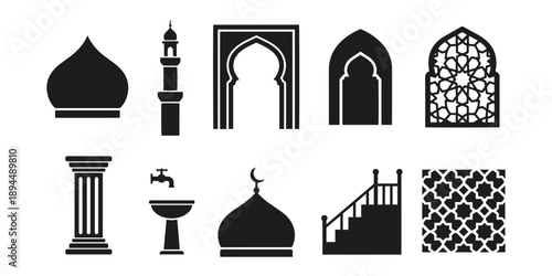Islamic Architecture and Mosque Elements Icon Set for Ramadan