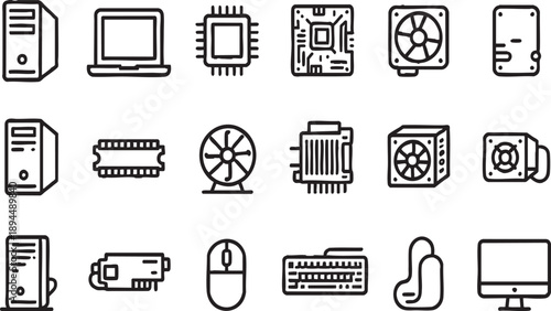 Computer Hardware and PC Components Line Icon Set