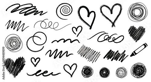 Hand drawn black scribbles and hearts on white background