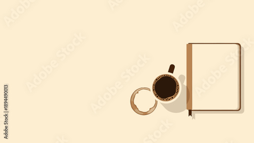 Overhead View of a Minimalist Coffee Cup and Open Notebook on a Clean Beige Background