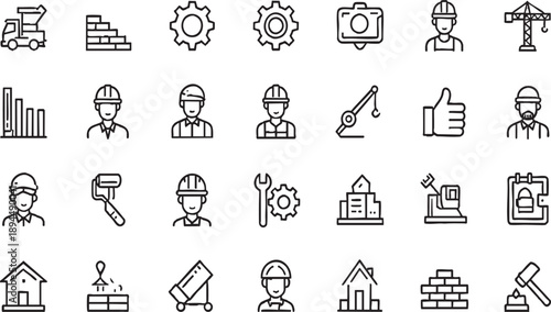 Construction, Labor, and Engineering Line Icon Set