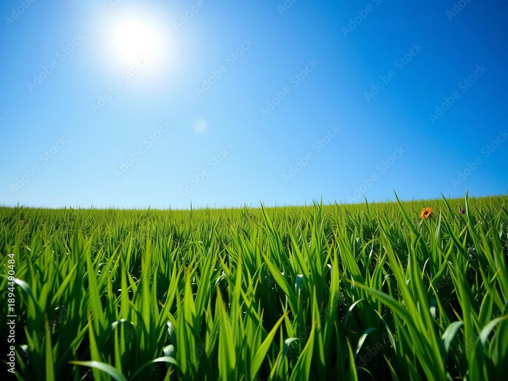 Fototapeta premium Lush green field under a bright blue sky, peaceful and natural scene, daylight, vibrant