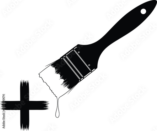 Silhouette of dripping paintbrush above painted plus sign symbol for creativity, art tools, design elements, and vector illustration in black style
