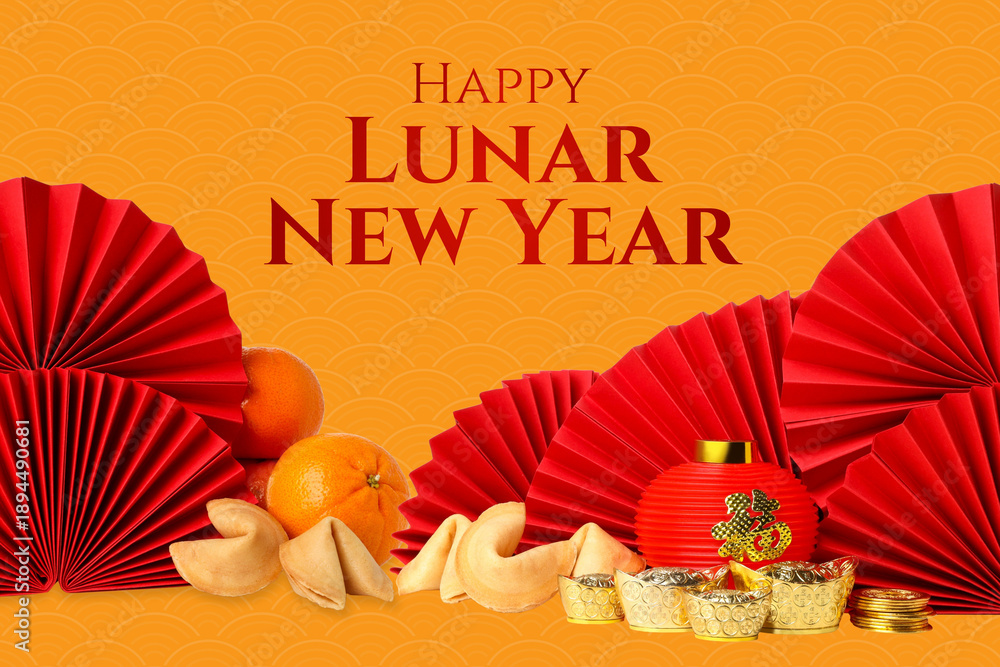 Fototapeta premium Festival decorations featuring oranges, fortune cookies, and fans