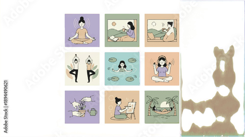 collection of nine illustrations of people meditating and doing yoga in different poses and environments