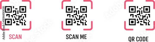 QR code icon set, scan prompt labels, red frame design, digital access symbol, vector graphic, mobile scan, tech interface, barcode element, quick response code, user engagement