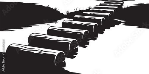 Black and white illustration of log bridge over water
