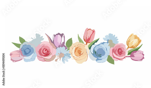 Watercolor style spring flowers vector border with roses daisies and tulips on white background