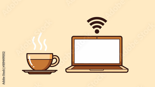 Modern Flat Vector Illustration of a Steaming Hot Coffee Cup on a Saucer Next to an Open Laptop with a Strong Wi fi Signal