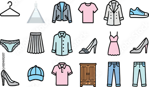 Fashion and Clothing Line Icon Set for Wardrobe Design