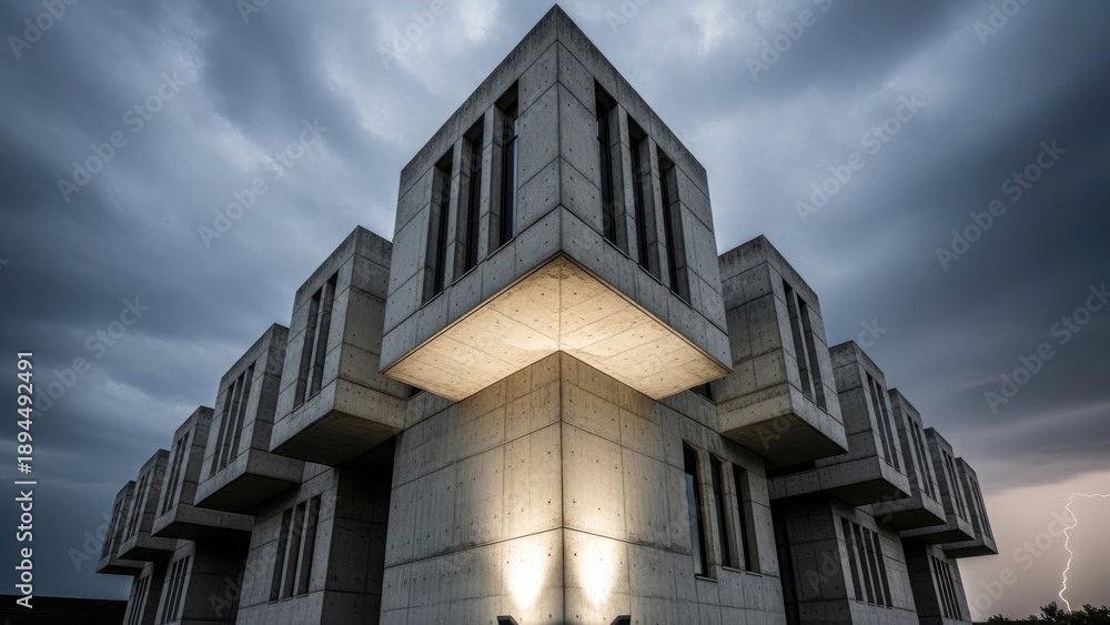 Obraz premium Angular concrete building with cube-shaped windows under a stormy, dramatic sky