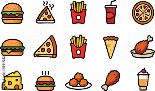 Fast Food and Junk Food Colorful Vector Icon Set