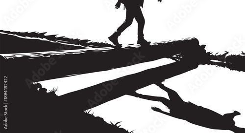 Silhouette of a person running with dog on grass