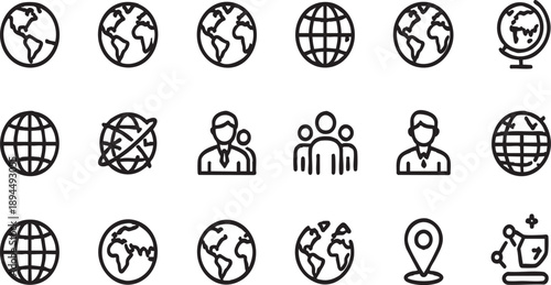 Global Network and Worldwide Business Line Icon Set
